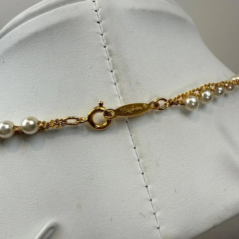 Napier Gold Tone Necklace Faux Pearl Double Strand Rope Chain Vintage Style